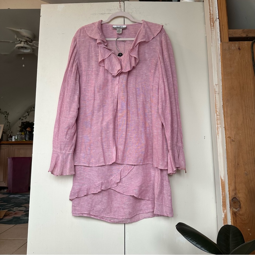 Nine & Company Ruffled Pink Linen Blend Two-Piece Top and Skirt Set Size 18W&20W